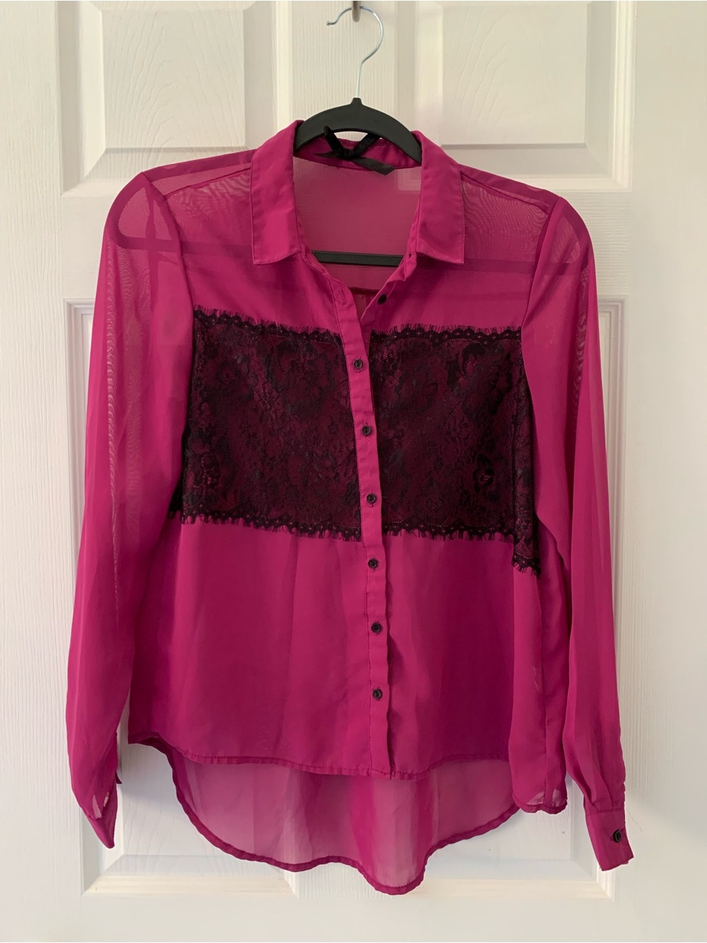 Sheer Fuchsia Lace-Trim Button-Down Blouse